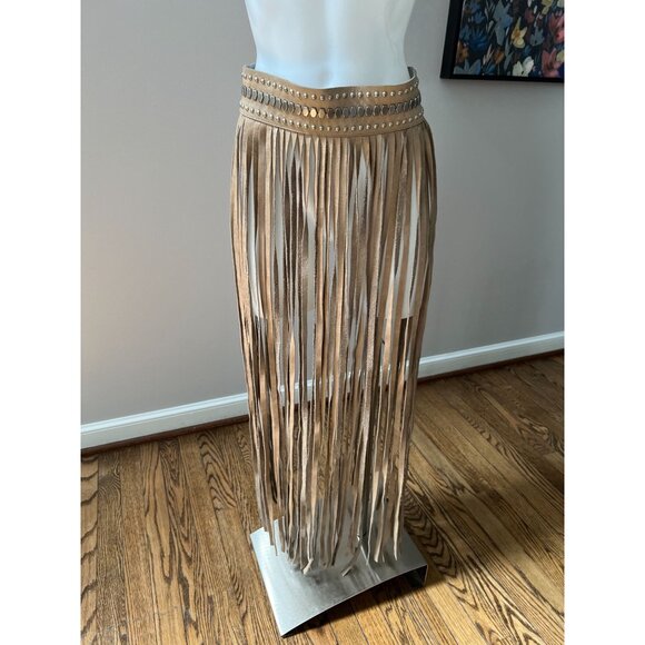 STREETS AHEAD Fringe Studded Long Leather Belt Festival Beige Silver Size Small - Picture 2 of 11
